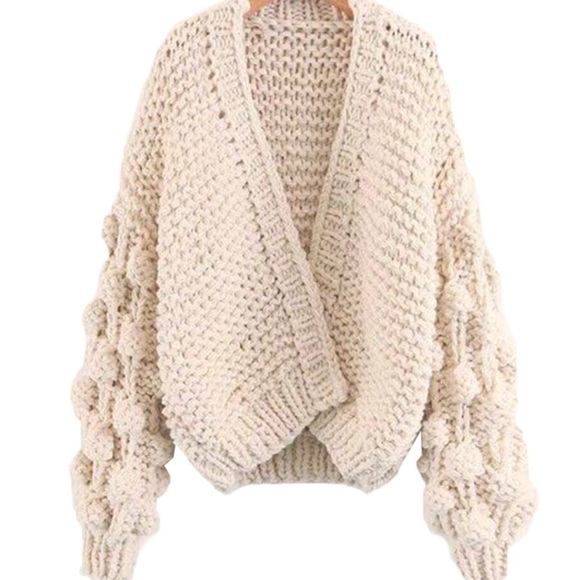 🆕Cream Bubble Sleeve Open Front Pom Pom Cardigan - Picture 1 of 8